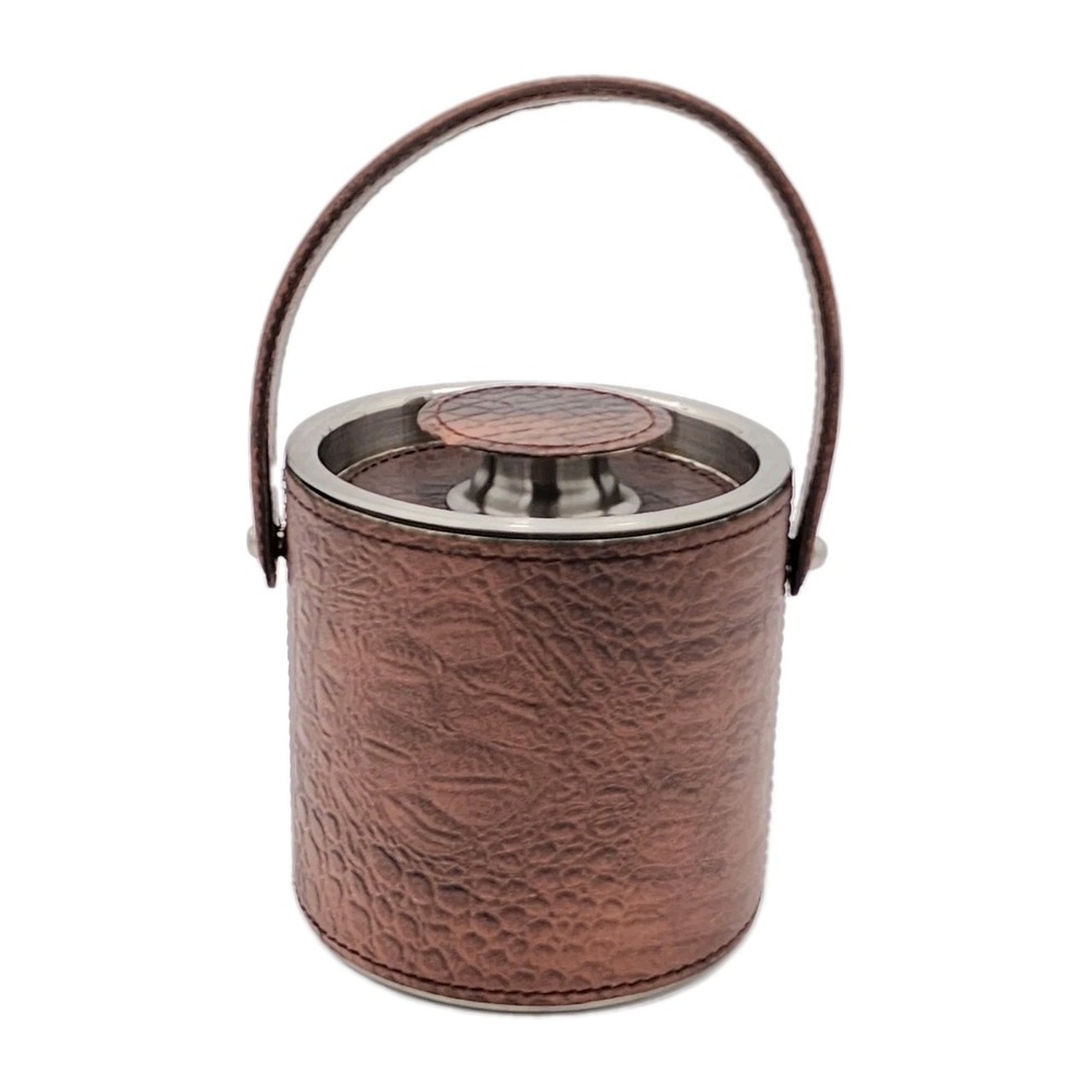 IL Mulino Double Walled Ice Bucket Brown Leather Crocodile Embossed Exterior Lid